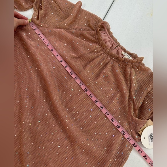 NWT Umgee Mauve Shimmer Pleated Sheer Blouse Long Sleeve Ruffle Mock Neck - Picture 5 of 11